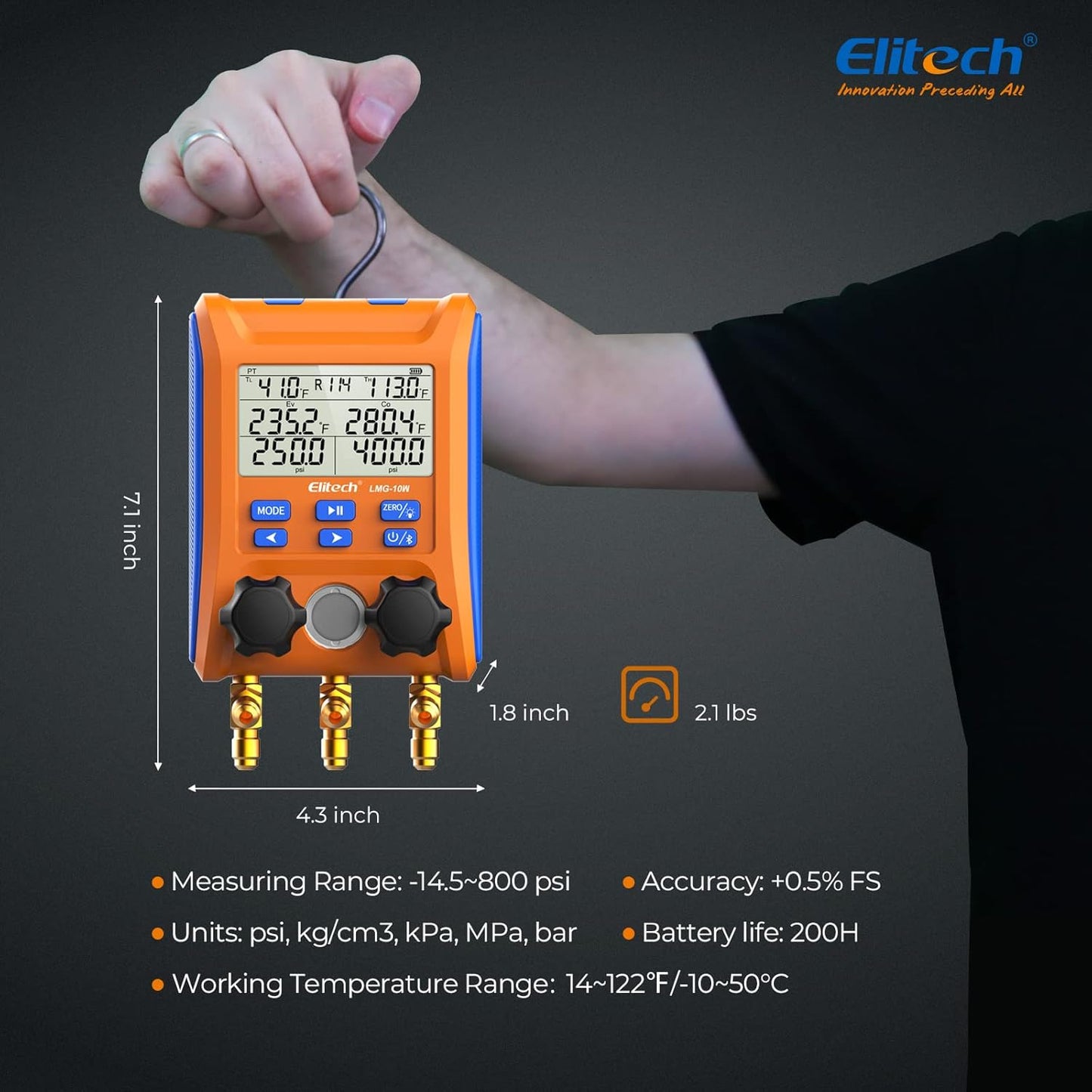 Elitech 2-Way Valve Manifold Gauge LMG-10W, Refrigerant Scale LMC-100A+, Infrared Refrigeration Leak Detector ILD-200